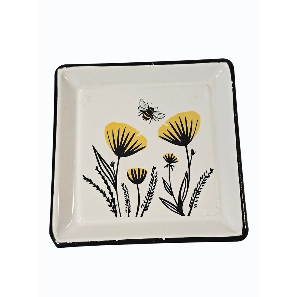 Set of 4 Decorative Metal Square Coaster Set Trinket Ring Dish Bee Hive Floral - Picture 7 of 8